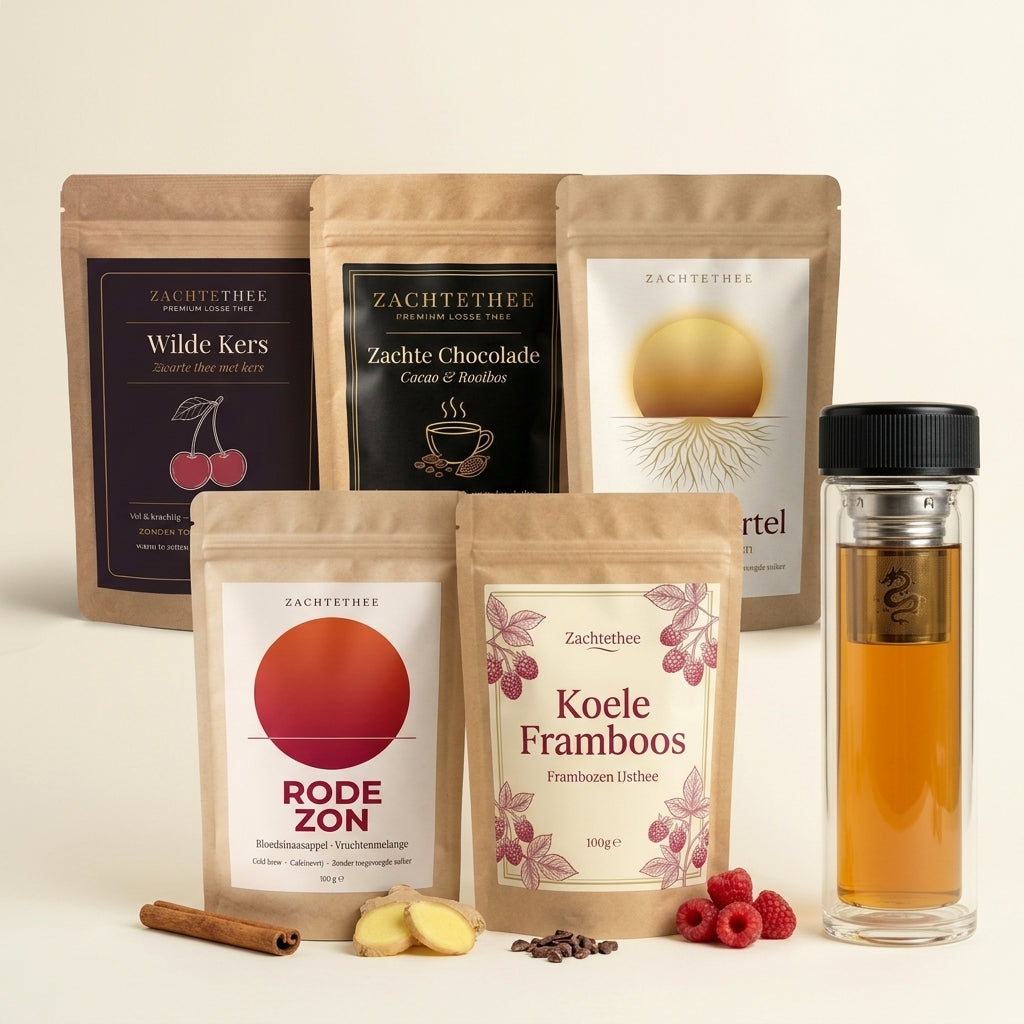 Voorraadpakket — Wilde Kers, Zachte Chocolade, Zonnewortel, Rode Zon en Koele Framboos met gratis Stoomdraak glazen theefles