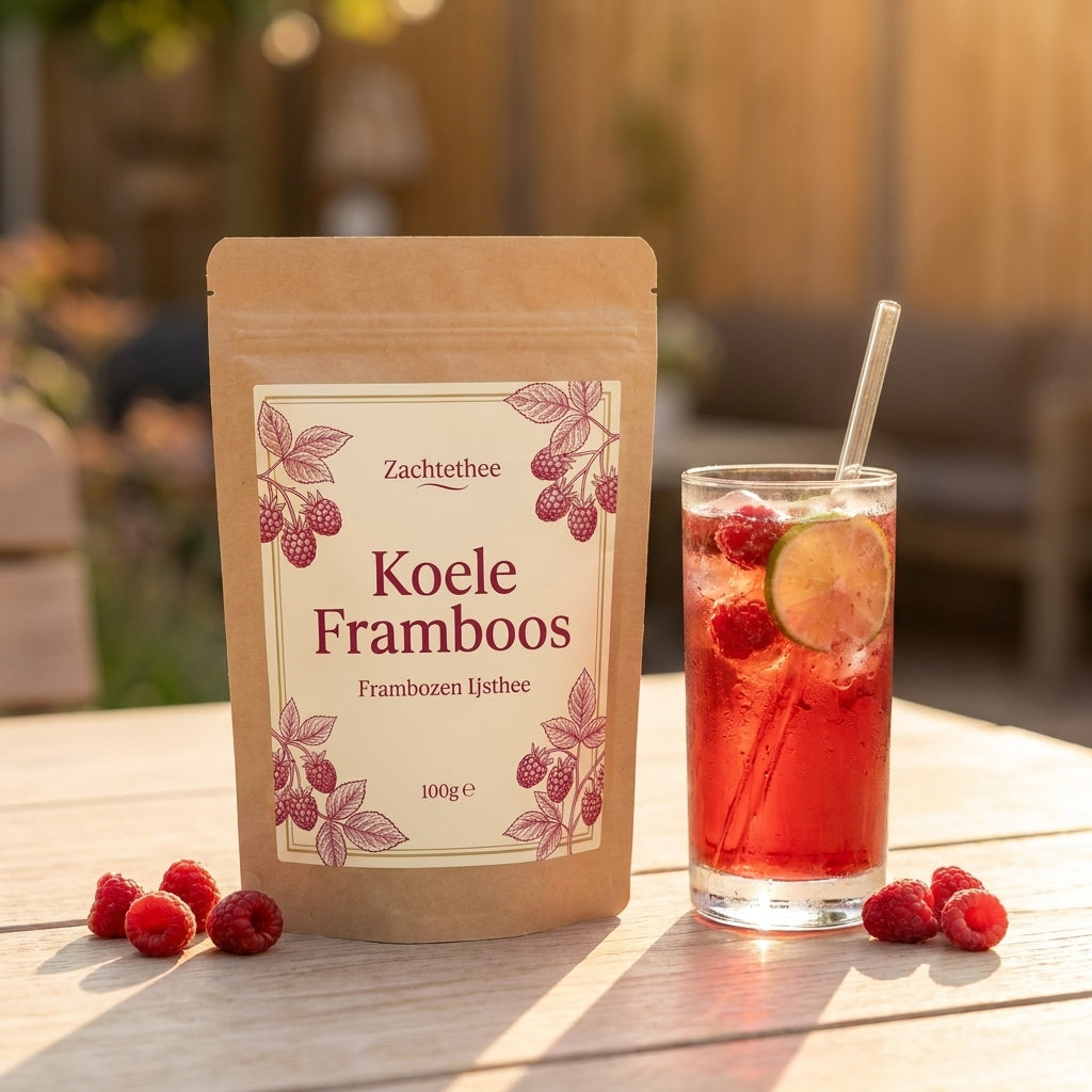 Koele Framboos doypack met glas frambozen-ijsthee op tafel