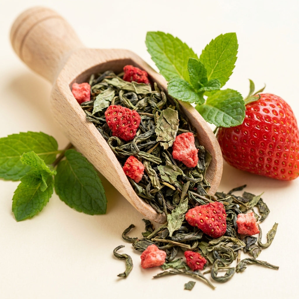 Losse Bloei thee op een theeschep - Sencha, aardbei en munt