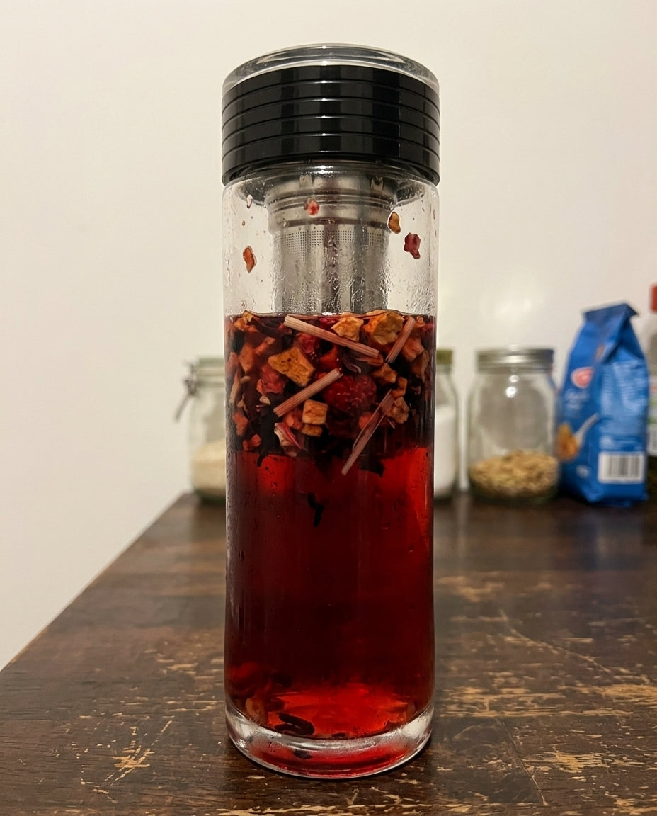 Glazen theefles met robijnrode cold brew van Koele Framboos en Rode Zon op een houten aanrecht
