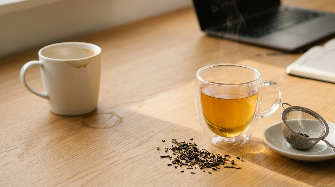 Lege koffiemok naast een glas verse losse thee op een bureau