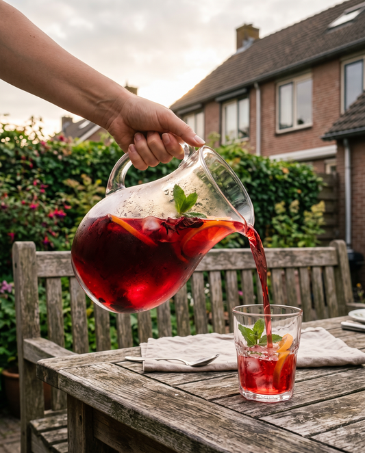 Karaf bloedsinaasappel-ijsthee cold brew met Rode Zon losse thee, ijsblokjes en sinaasappelschijfjes