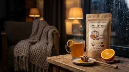 Glazen mok Gouden Pompoen thee met sinaasappelschil en honing op een houten tafel bij het raam op een regenachtige herfstavond, met het zakje Gouden Pompoen herfstchai