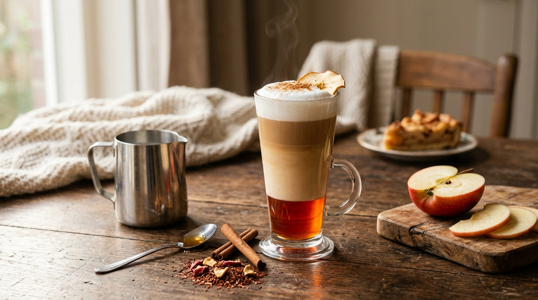 Appeltaart latte in laagjes in een glas, met kaneel en een schijfje appel
