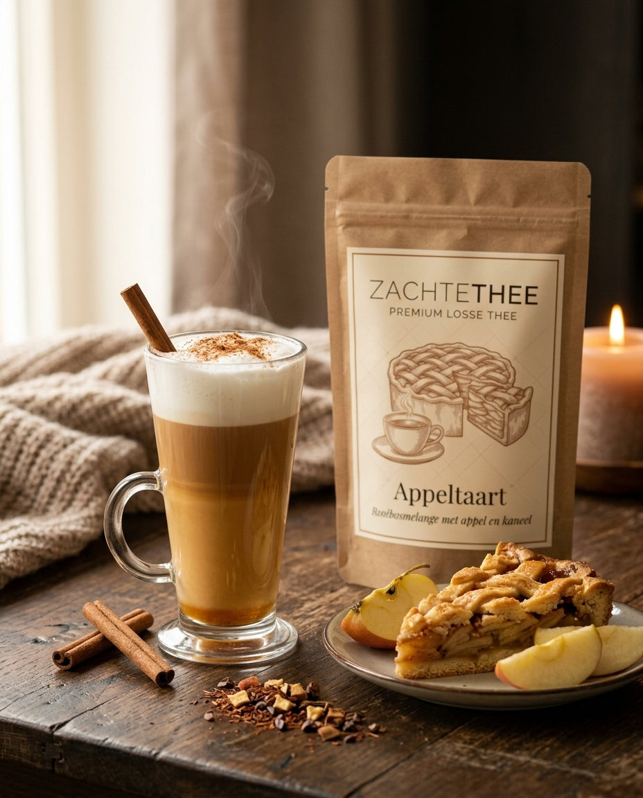 Appeltaart latte in een hoog glas met melkschuim en kaneel, naast een punt appeltaart en een zakje Appeltaart losse thee