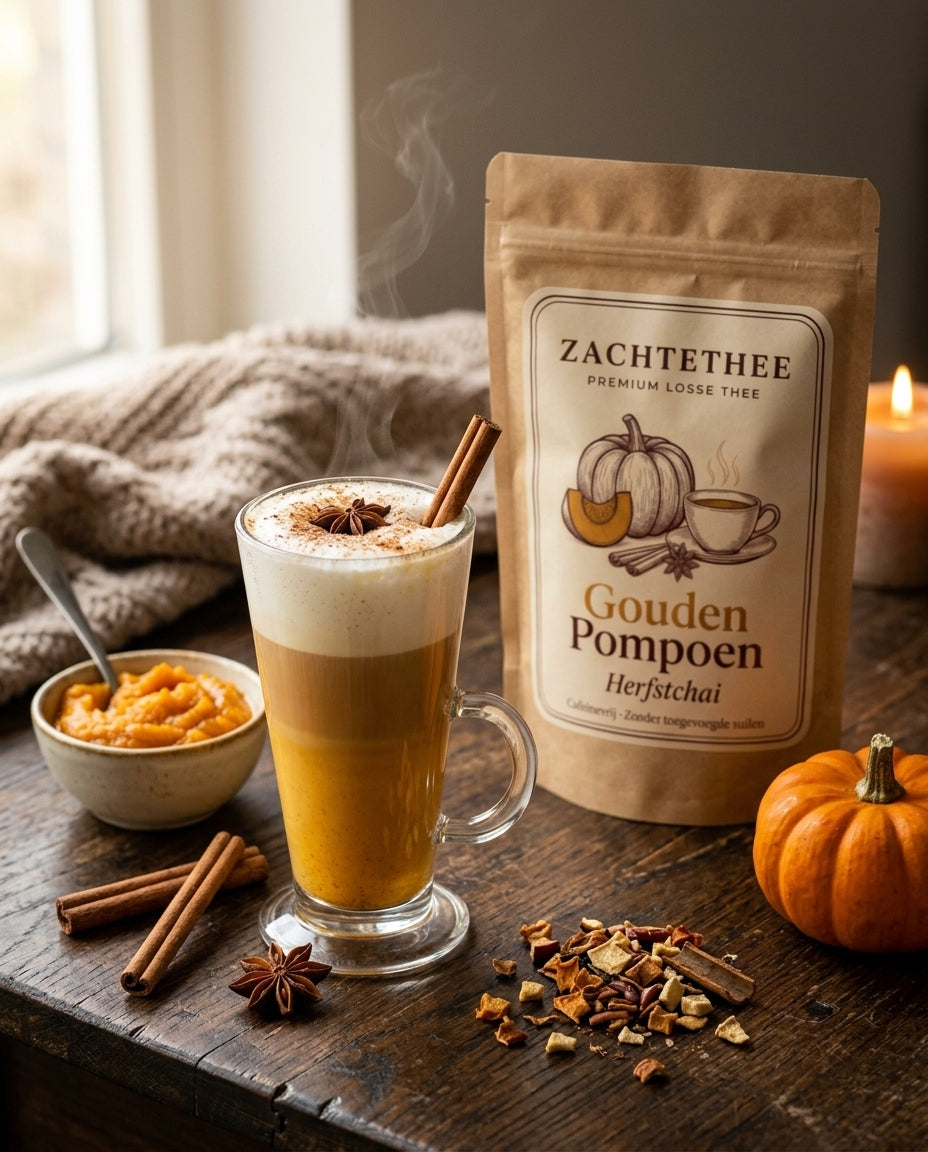 Pompoen chai latte in een hoog glas met melkschuim, kaneel en steranijs, naast pompoenpuree en een zakje Gouden Pompoen herfstchai