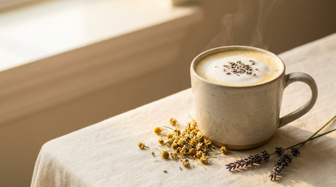 Warme kamille-lavendel latte met melkschuim, gedroogde kamille en lavendel