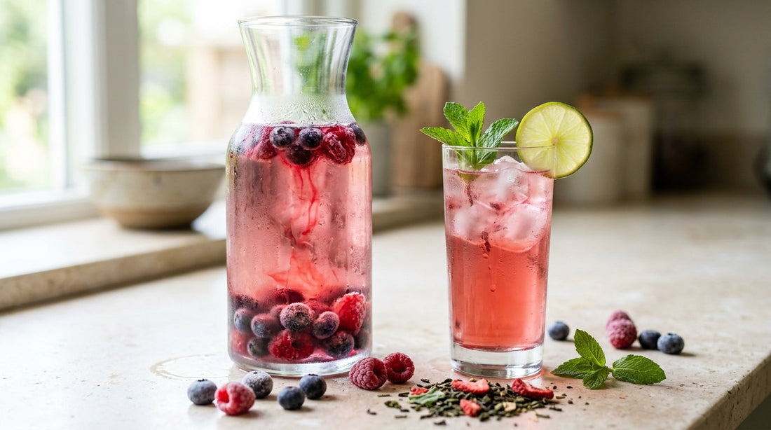Karaf met heldere roze-rode ijsthee van Bloei Aardbei & Munt met bevroren bosbessen en frambozen, en een glas met ijs, verse munt en een schijfje limoen