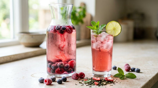 Karaf met heldere roze-rode ijsthee van Bloei Aardbei & Munt met bevroren bosbessen en frambozen, en een glas met ijs, verse munt en een schijfje limoen