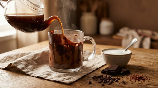 Hete Zachte Chocolade thee wordt in een met chocolade beklede mok geschonken, waarbij de chocoladelaag smelt