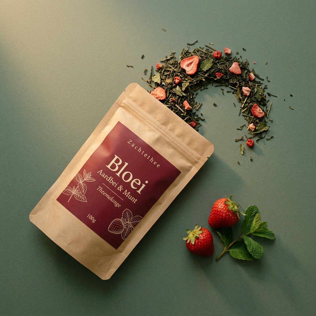 Bloei van bovenaf: doypack met uitgestrooide sencha, gevriesdroogde aardbei en munt