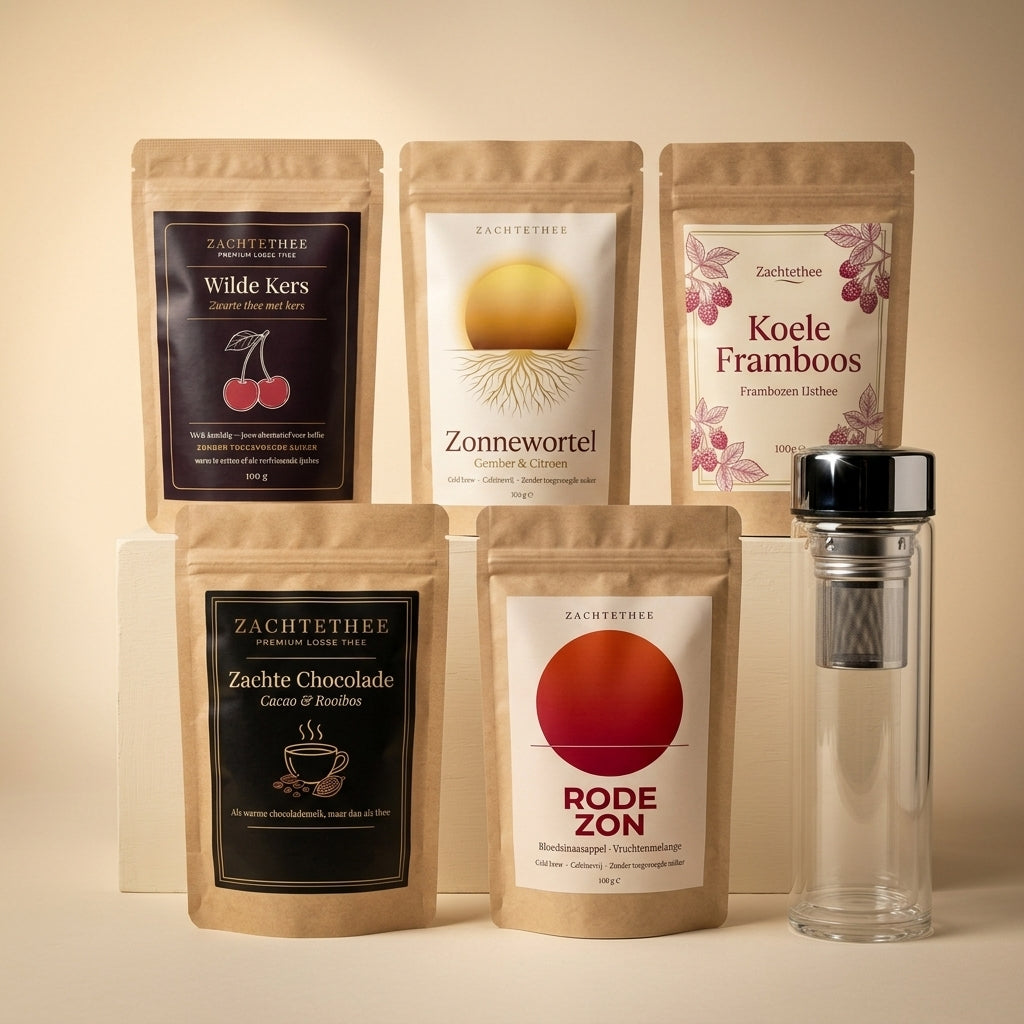 Voorraadpakket — Wilde Kers, Zonnewortel, Koele Framboos, Zachte Chocolade en Rode Zon met gratis Stoomdraak theefles