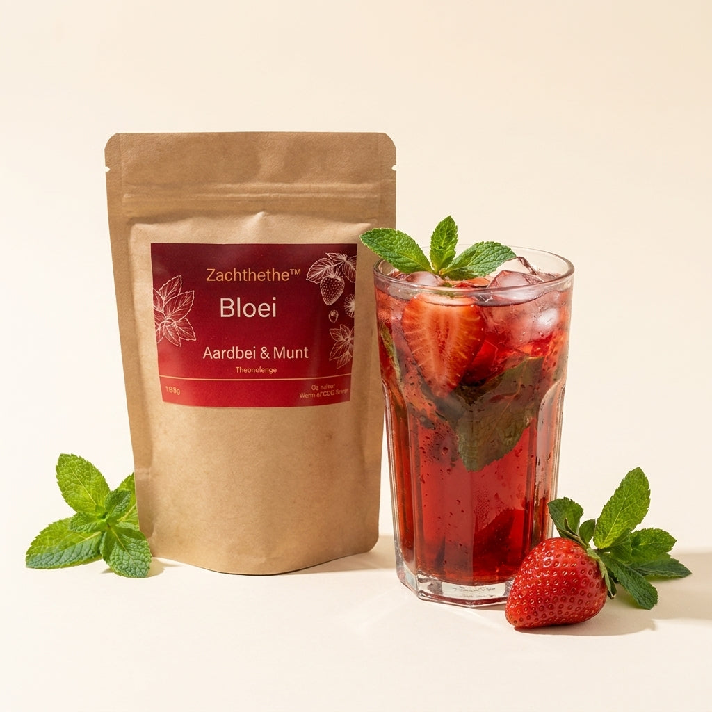Bloei doypack met glas aardbei-munt ijsthee