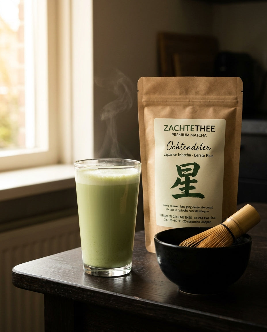 Ochtendster matcha latte met Zachtethee zakje