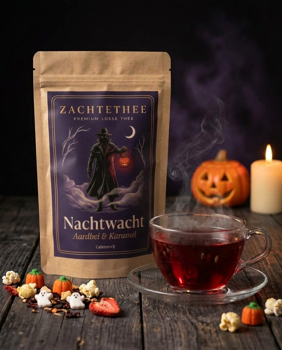 Warme kop Nachtwacht bij kaarslicht met een uitgeholde pompoen