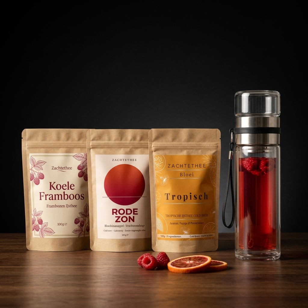 Cold Brew Set — Koele Framboos, Rode Zon en Bloei Tropisch met de Zachtethee theefles