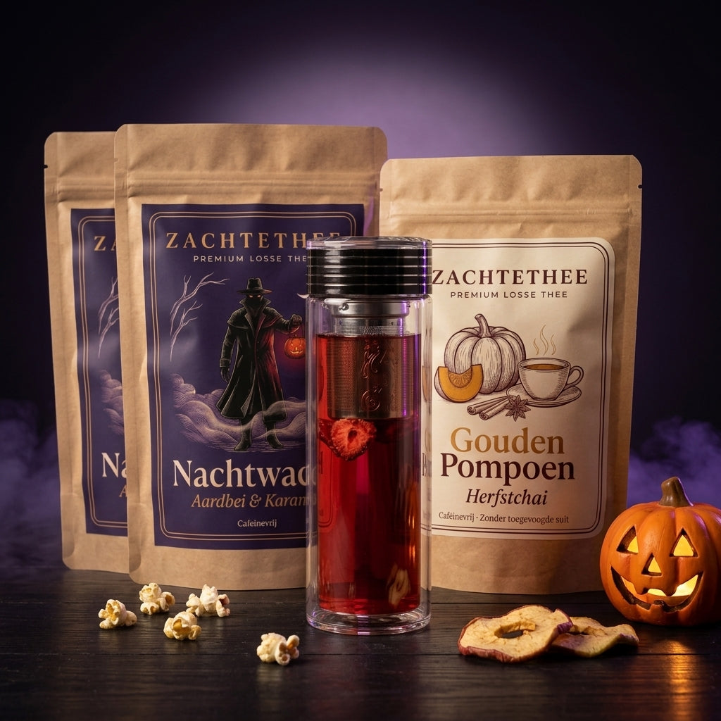 Nachtwacht Pakket — twee zakken Nachtwacht, Gouden Pompoen en de Stoomdraak glazen theefles met bloedrode thee, in een donkere Halloween-setting