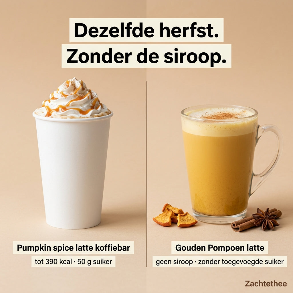 Vergelijking: pumpkin spice latte van de koffiebar (tot 390 kcal en 50 g suiker) naast een Gouden Pompoen latte zonder siroop en zonder toegevoegde suiker