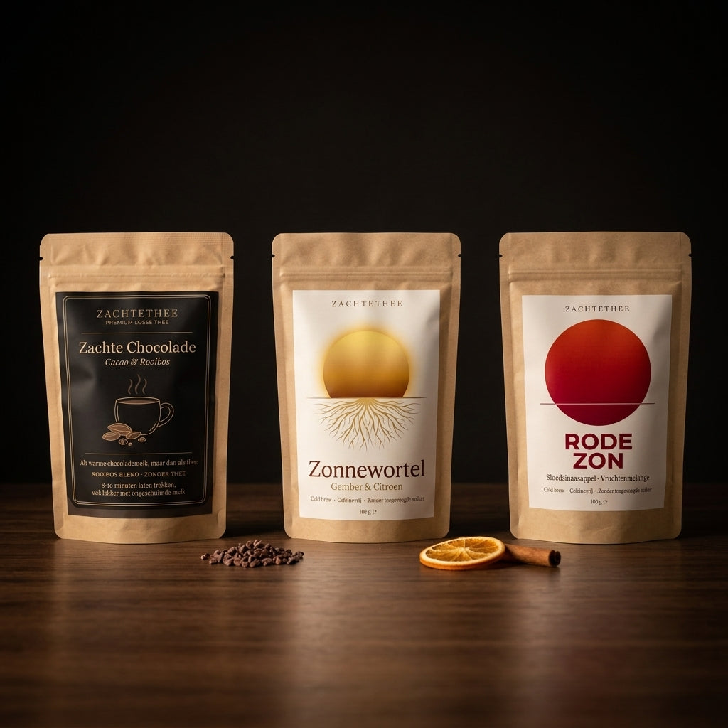 Winterpakket — Zachte Chocolade, Zonnewortel en Rode Zon, drie zakjes losse thee van 100 g