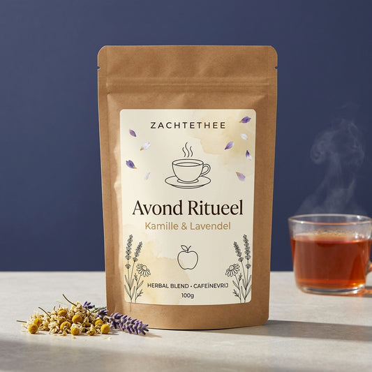 Avond Ritueel losse kruidenthee in kraft doypack op diepblauwe achtergrond, met kamille, lavendel en een glas gezette thee