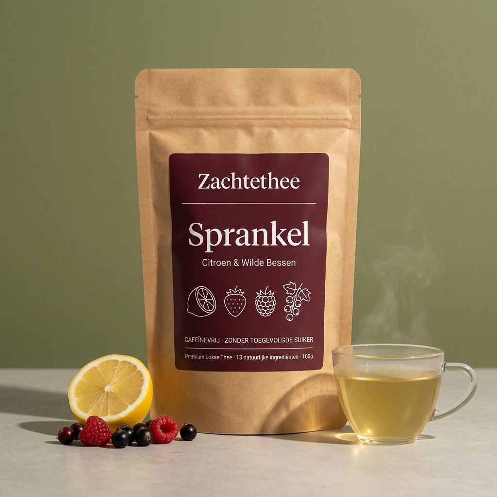 Sprankel losse thee in kraft doypack op olijfgroene achtergrond, met halve citroen, wilde bessen en een glas bleekgouden gezette thee