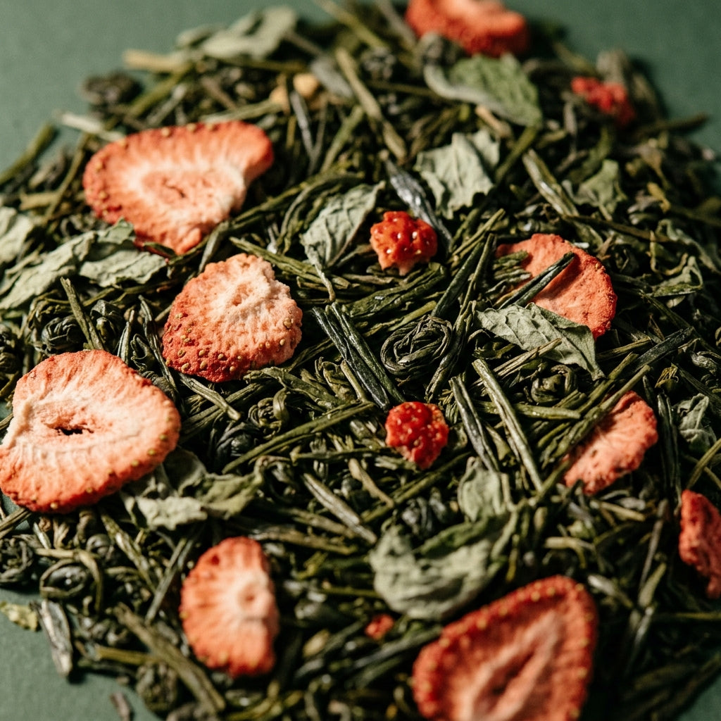 Macro van de losse Bloei blend: sencha groene thee, gevriesdroogde aardbei, munt en acerola