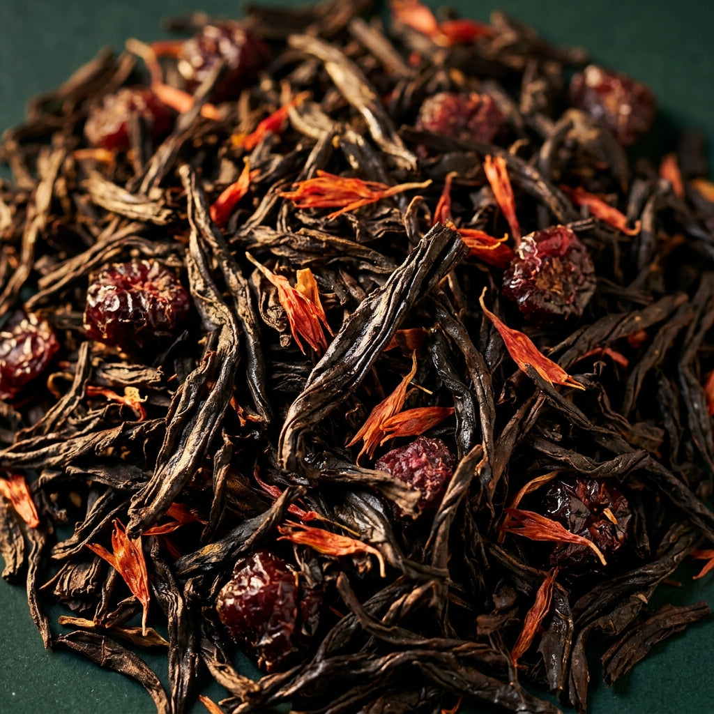 Macro van het droge Wilde Kers blend: getwiste Ceylon theeblaadjes, kersenstukjes en saffloer