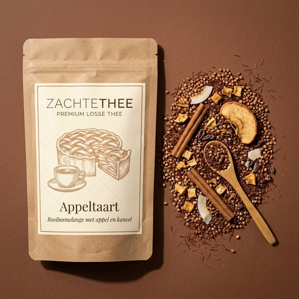 Appeltaart verpakking van bovenaf met de losse melange: rooibos, boekweit, appel, kaneel, cacaonibs en kokos
