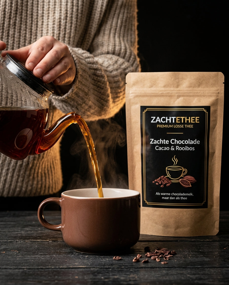 Zachte Chocolade thee wordt uit een glazen theepot in een kop geschonken