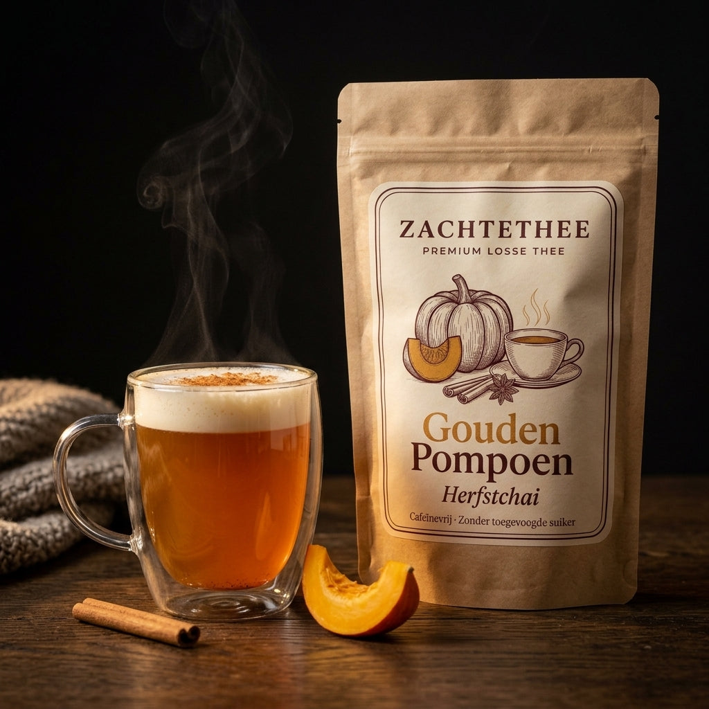 Gouden Pompoen als pumpkin chai latte met opgeschuimde havermelk en kaneel, naast de verpakking