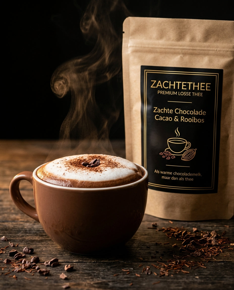 Zachte Chocolade geserveerd als warme chocolade-latte met schuim en cacao, naast de verpakking
