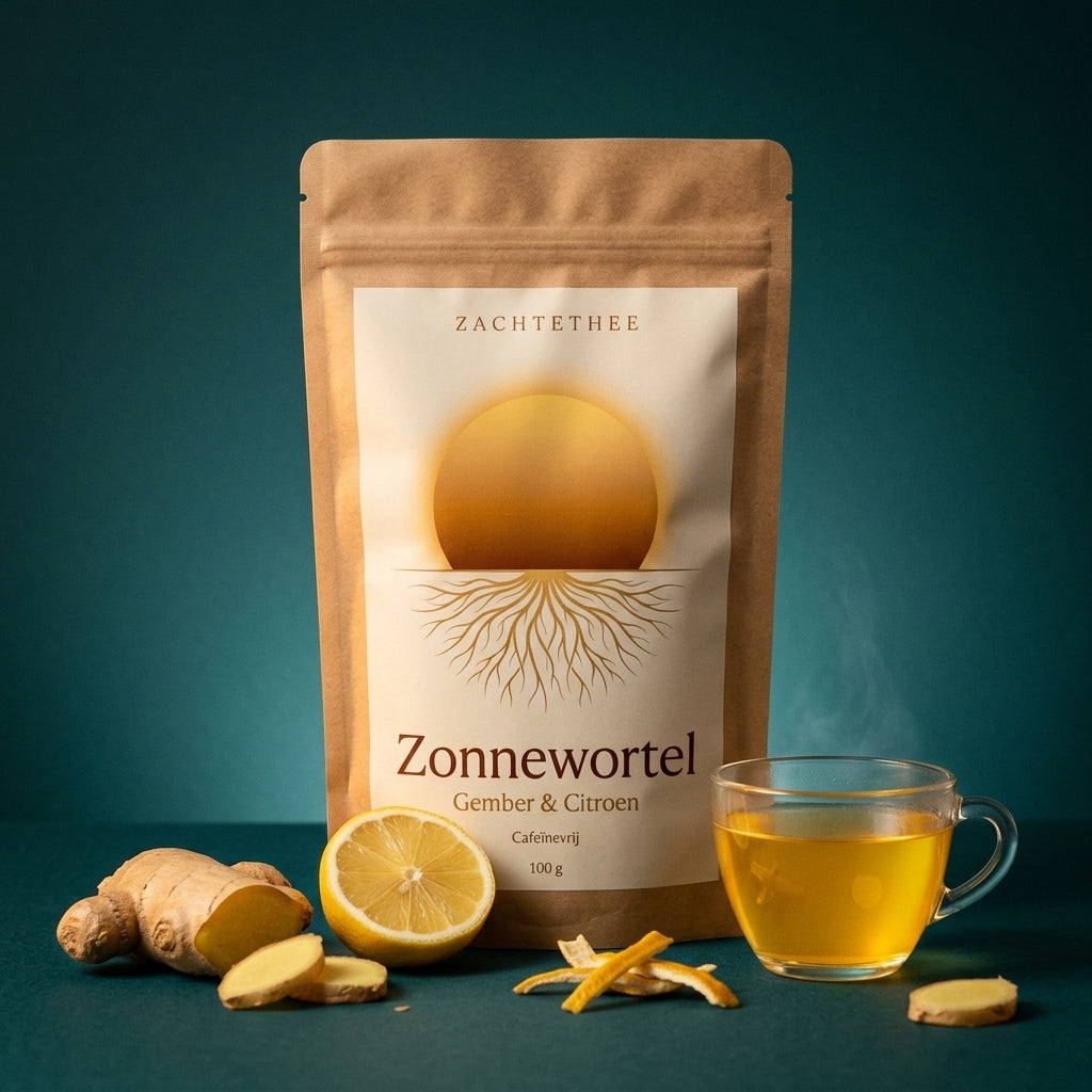 Zonnewortel losse thee in kraft doypack op petrolblauwe achtergrond met verse gember, citroen en een glas gezette thee