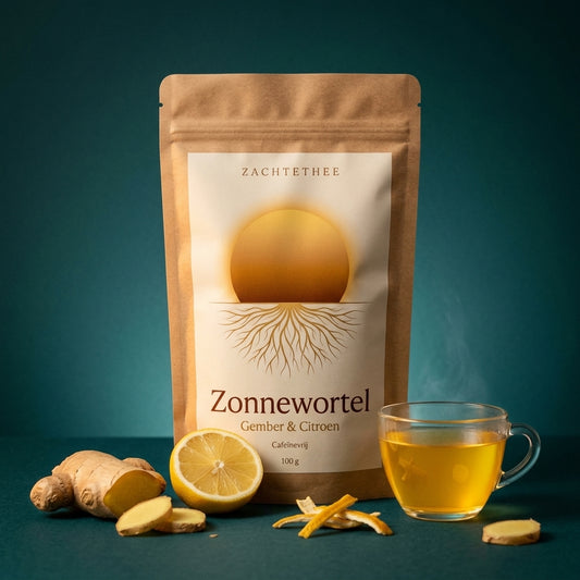 Zonnewortel losse thee in kraft doypack op petrolblauwe achtergrond met verse gember, citroen en een glas gezette thee