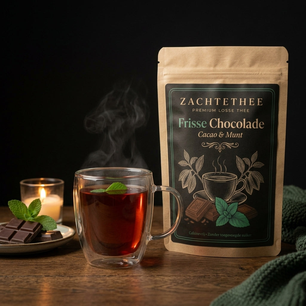Frisse Chocolade na het eten: kop dieprode rooibosthee met een muntblad, pure chocolade en een kaars, naast de verpakking