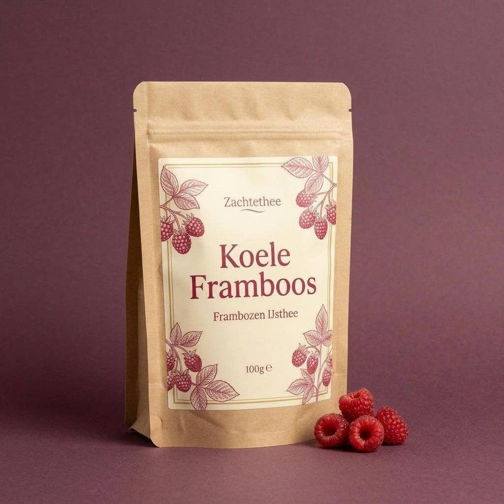 Koele Framboos doypack in driekwart hoek op pruimkleurige achtergrond met verse frambozen