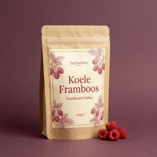 Koele Framboos doypack in driekwart hoek op pruimkleurige achtergrond met verse frambozen