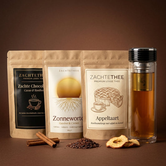 Stoomdraak Starterset: glazen theefles met Zachte Chocolade, Zonnewortel en Appeltaart