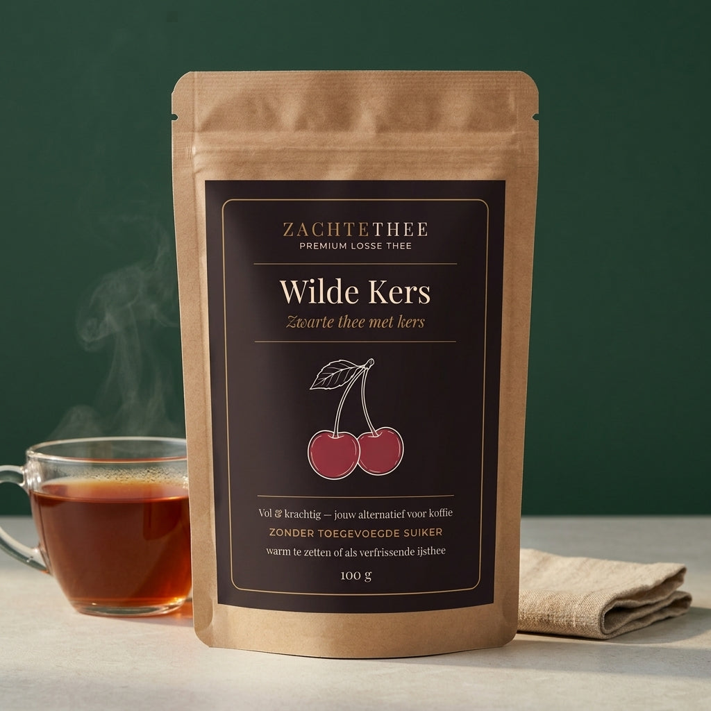 Wilde Kers doypack met warm gezette amberkleurige kop thee en linnen servet