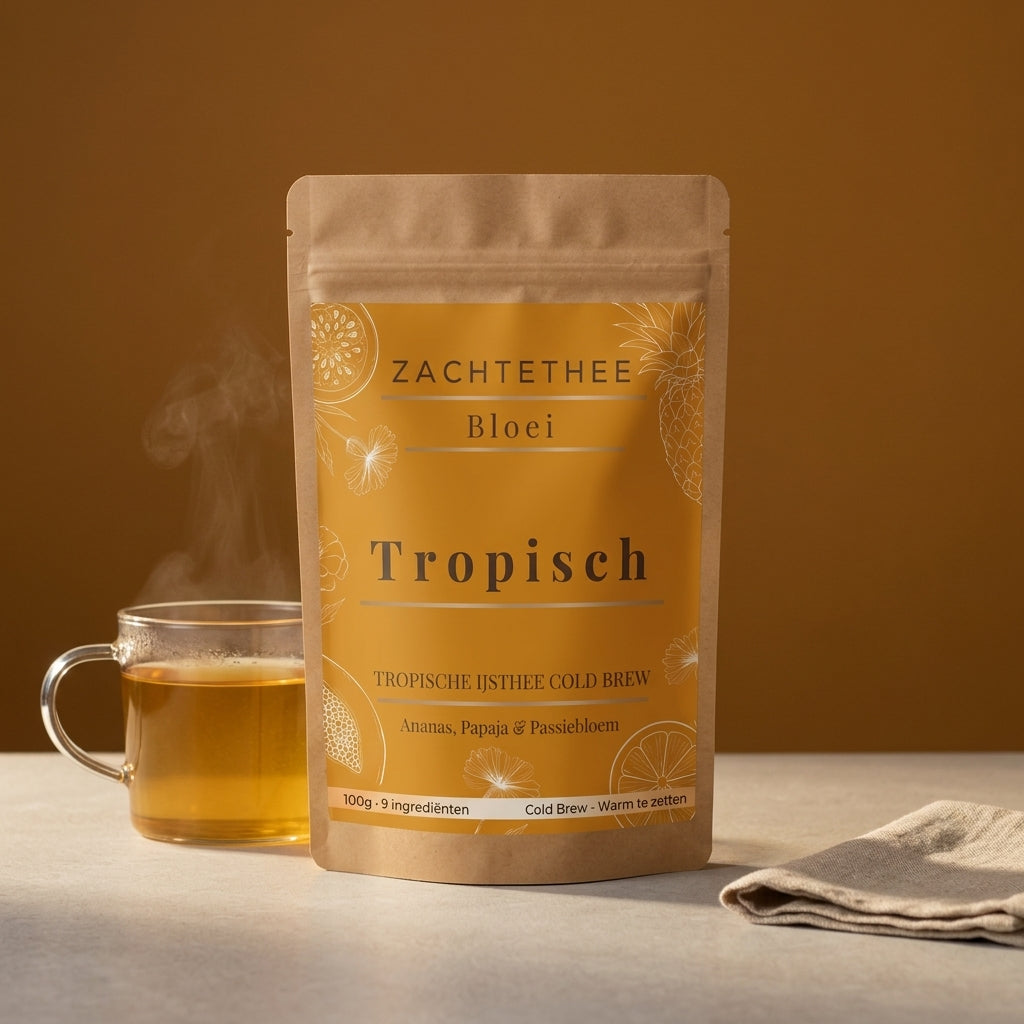 Bloei Tropisch doypack met warm gezette honinggouden kop thee en linnen servet