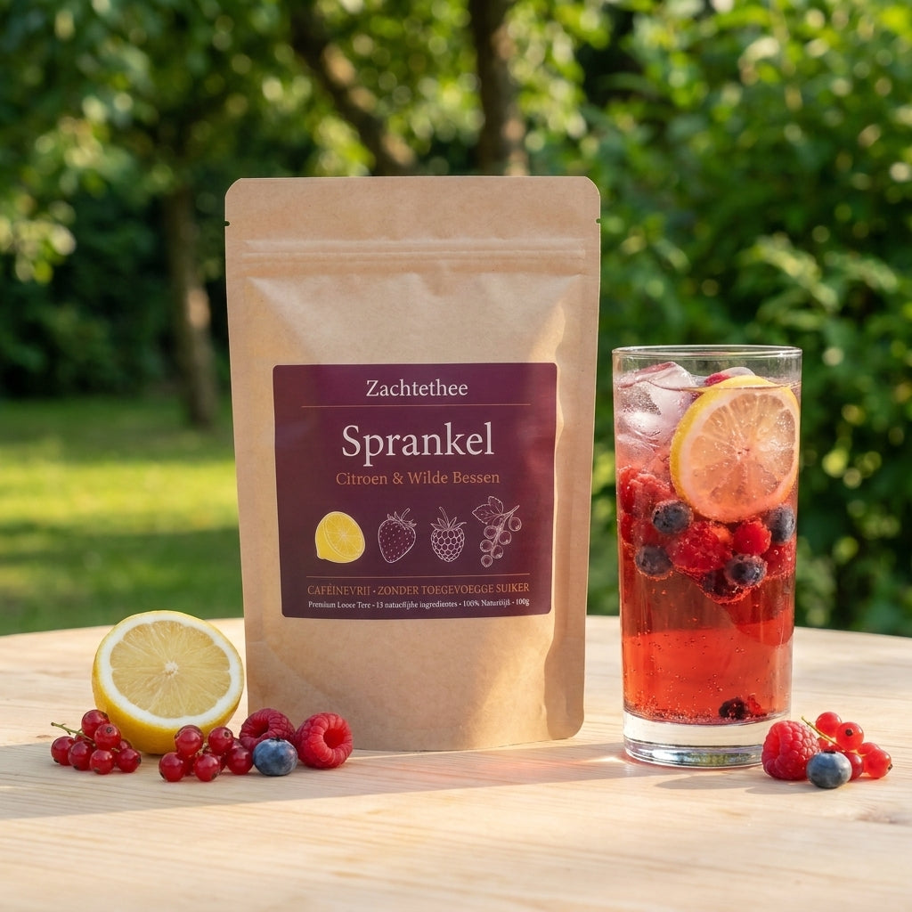 Sprankel doypack met glas ijsthee in de tuin