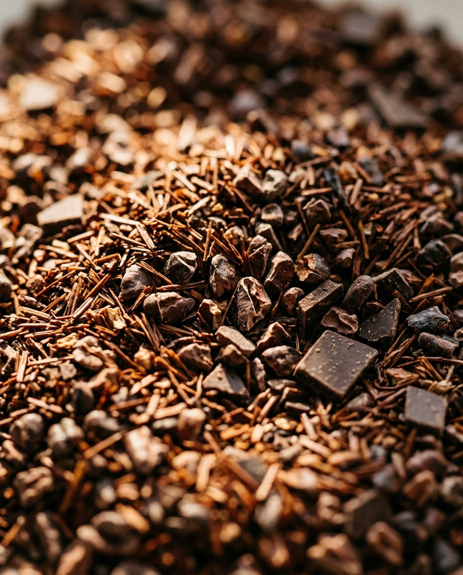 Macro van de losse melange: rooibos, gebroken cacaobonen en chocoladestukjes