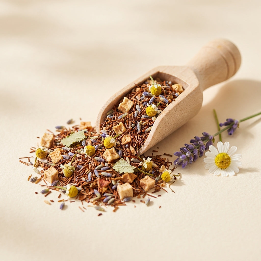 Avond Ritueel – losse kruidenmelange close-up: rooibos, appel, lavendel, kamille