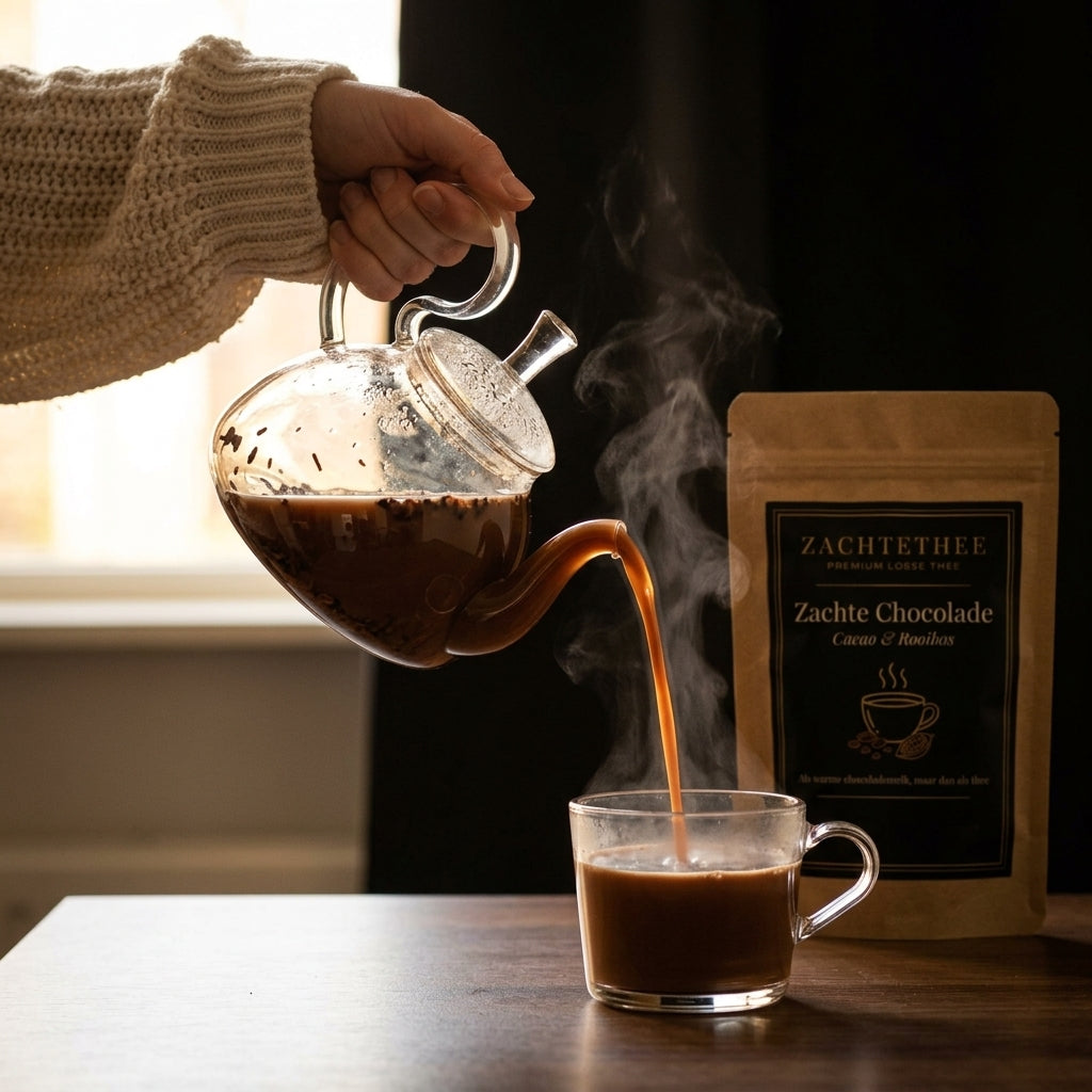 Zachte Chocolade thee wordt uit een glazen theepot in een kop geschonken