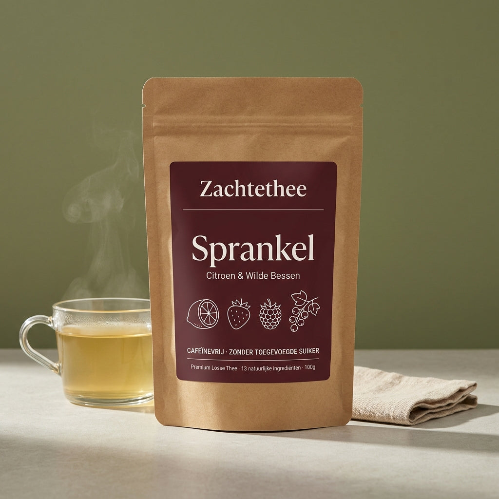 Sprankel doypack met warm gezette bleekgouden kop thee en linnen servet