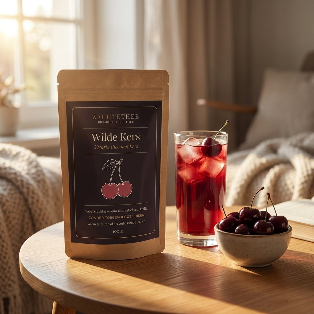 Wilde Kers doypack met glas kersen-ijsthee op tafel
