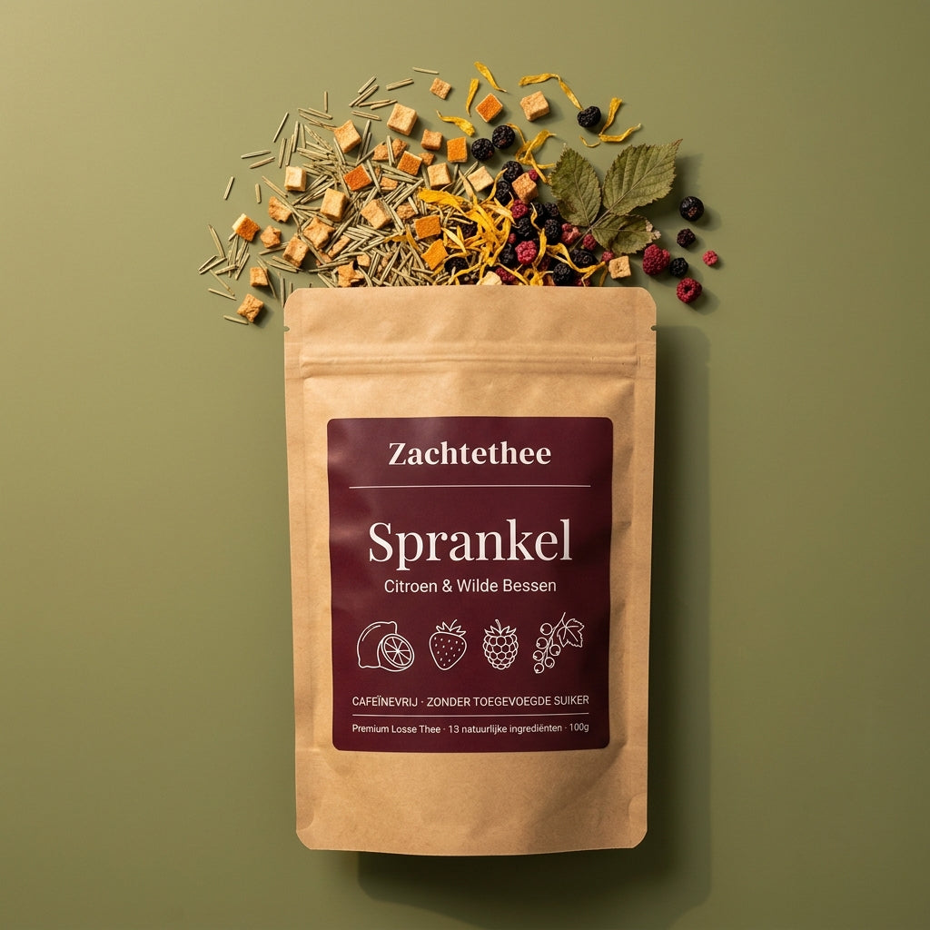 Sprankel van bovenaf: groene rooibos, appelblokjes, goudsbloem, bessen en sinaasappelschil