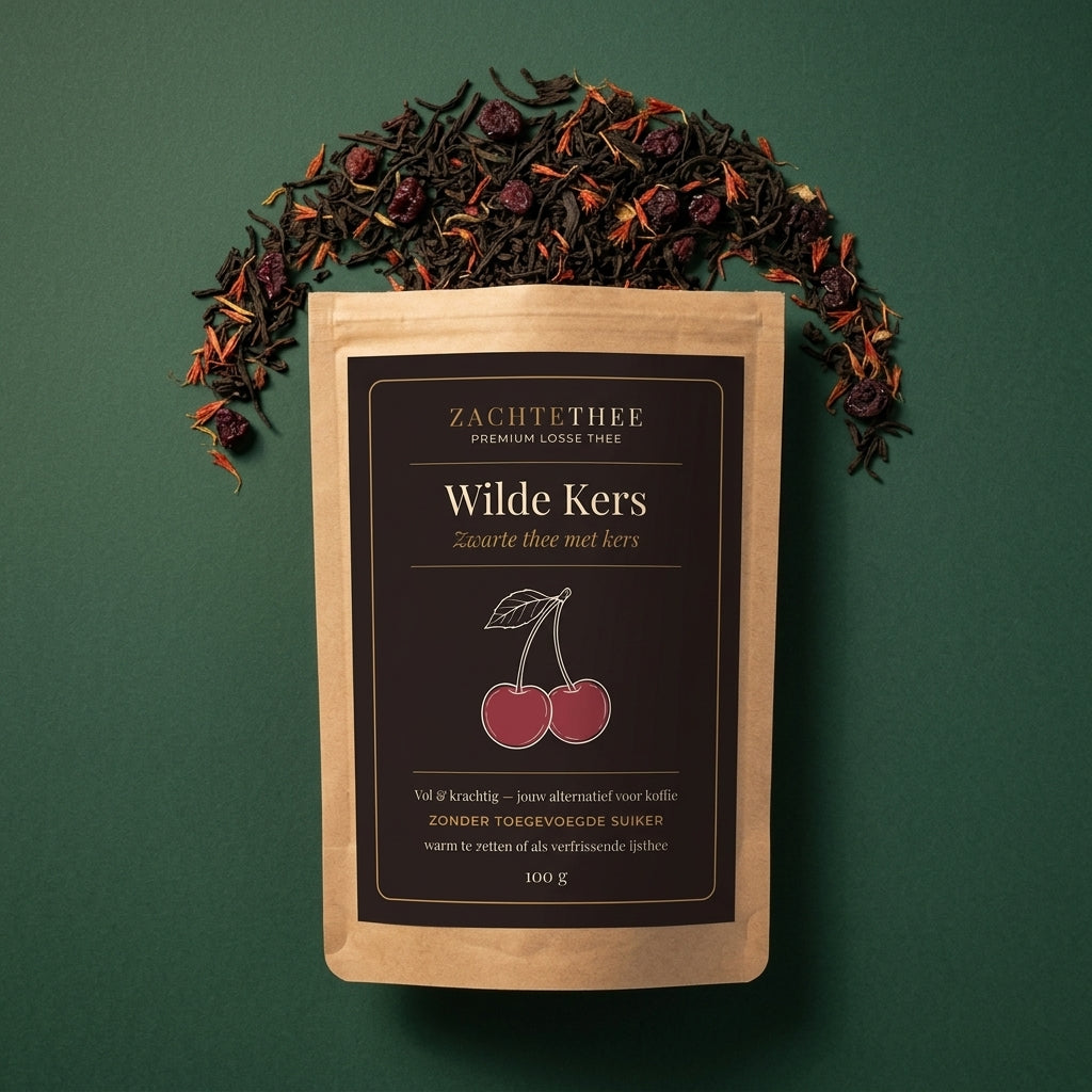 Wilde Kers van bovenaf: losse Ceylon zwarte thee met kersenstukjes en saffloerblaadjes