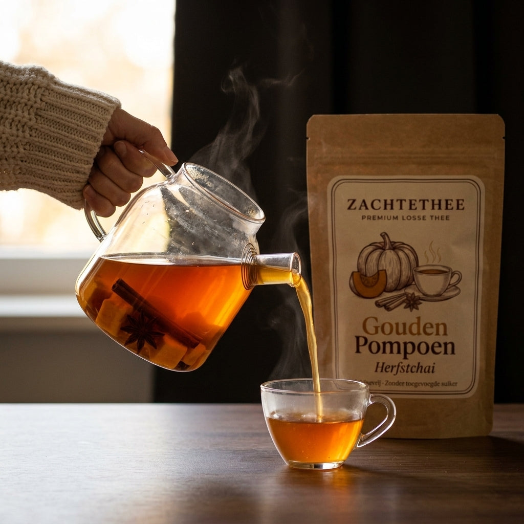 Gouden Pompoen thee wordt uit een glazen theepot in een kop geschonken