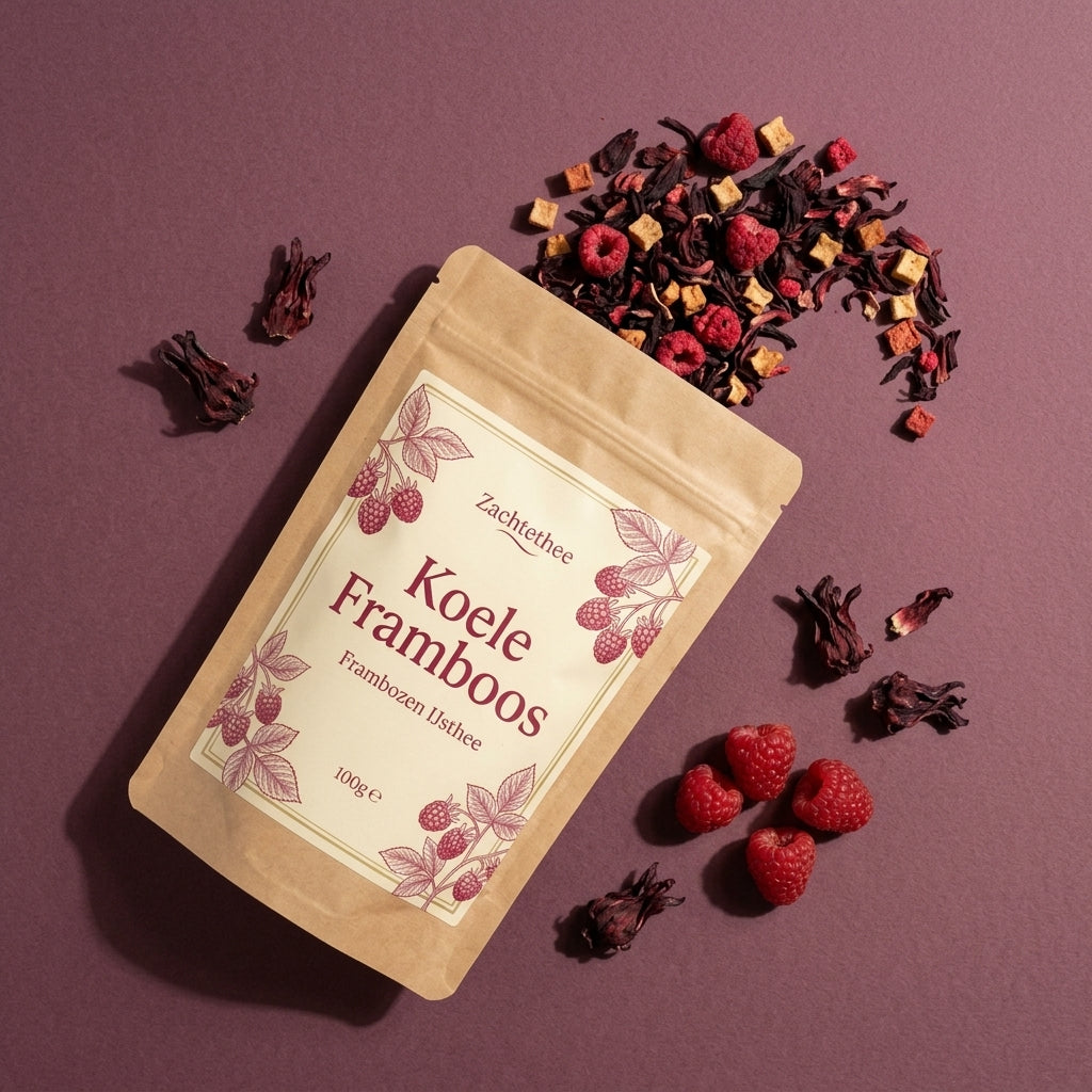 Koele Framboos van bovenaf: doypack met uitgestrooide hibiscus, frambozen en appelblokjes