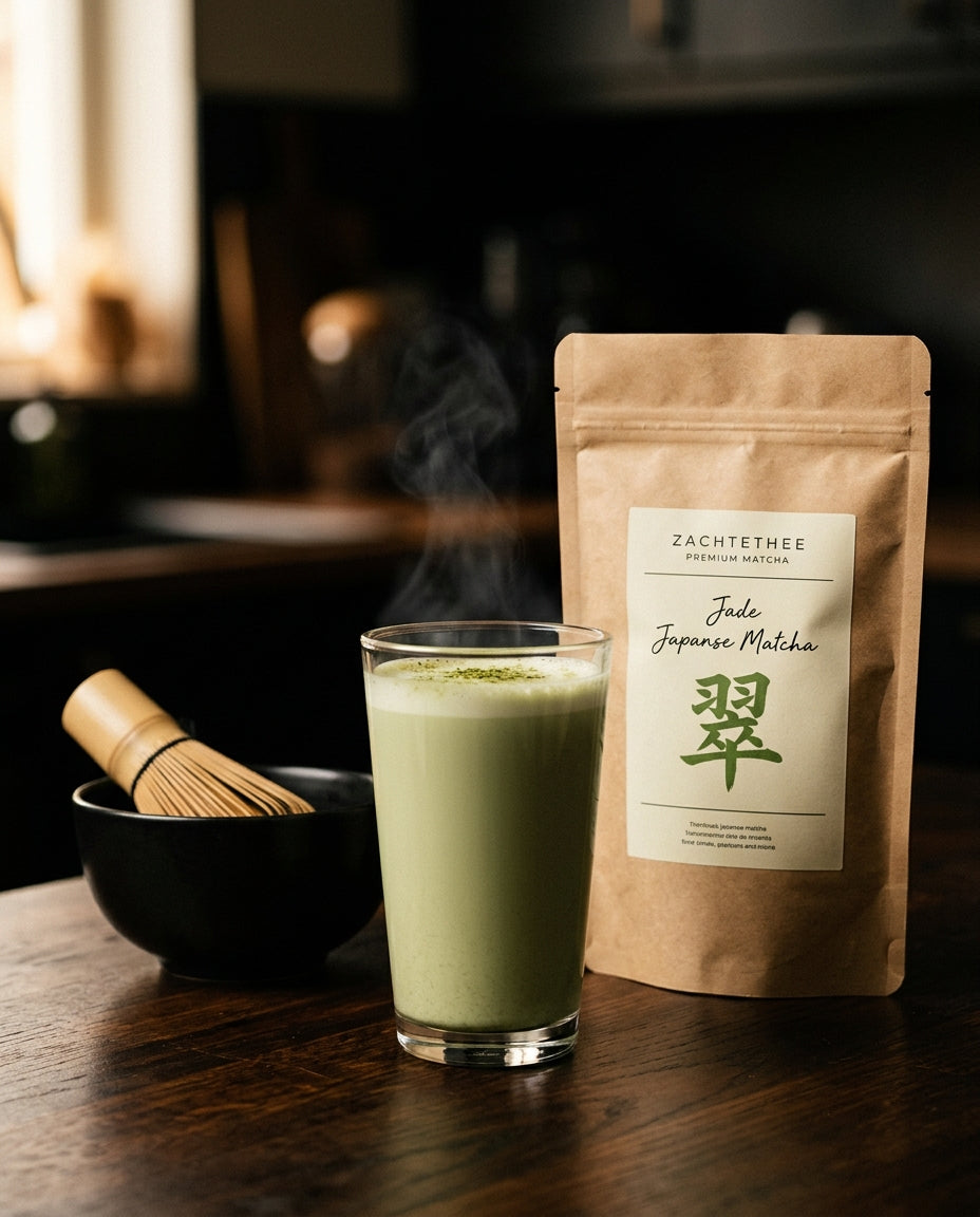 Jade matcha latte met Zachtethee zakje